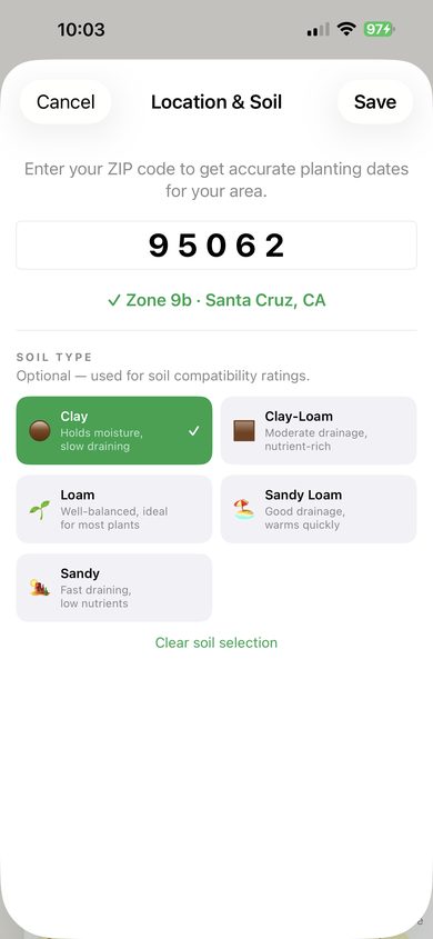 Location and Soil screen